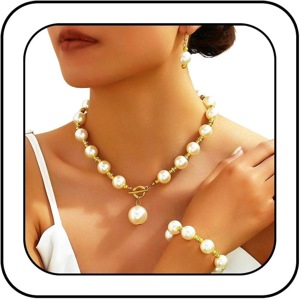 EVILD Pearl Necklaces and Gold Earring Set Chunky Jewelry Sets for Women | Amazon (US)