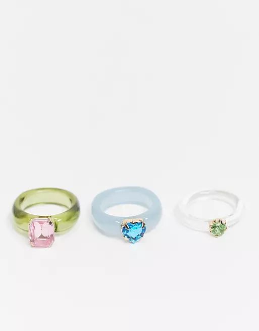 ASOS DESIGN pack of 3 rings in mixed plastic with colored crystals | ASOS (Global)