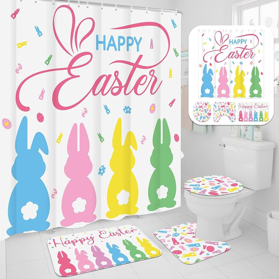 4 Pcs Easter Shower Curtain Set for Bathroom Easter Bathroom Curtain Include Bunny Shower Curtain... | Amazon (US)