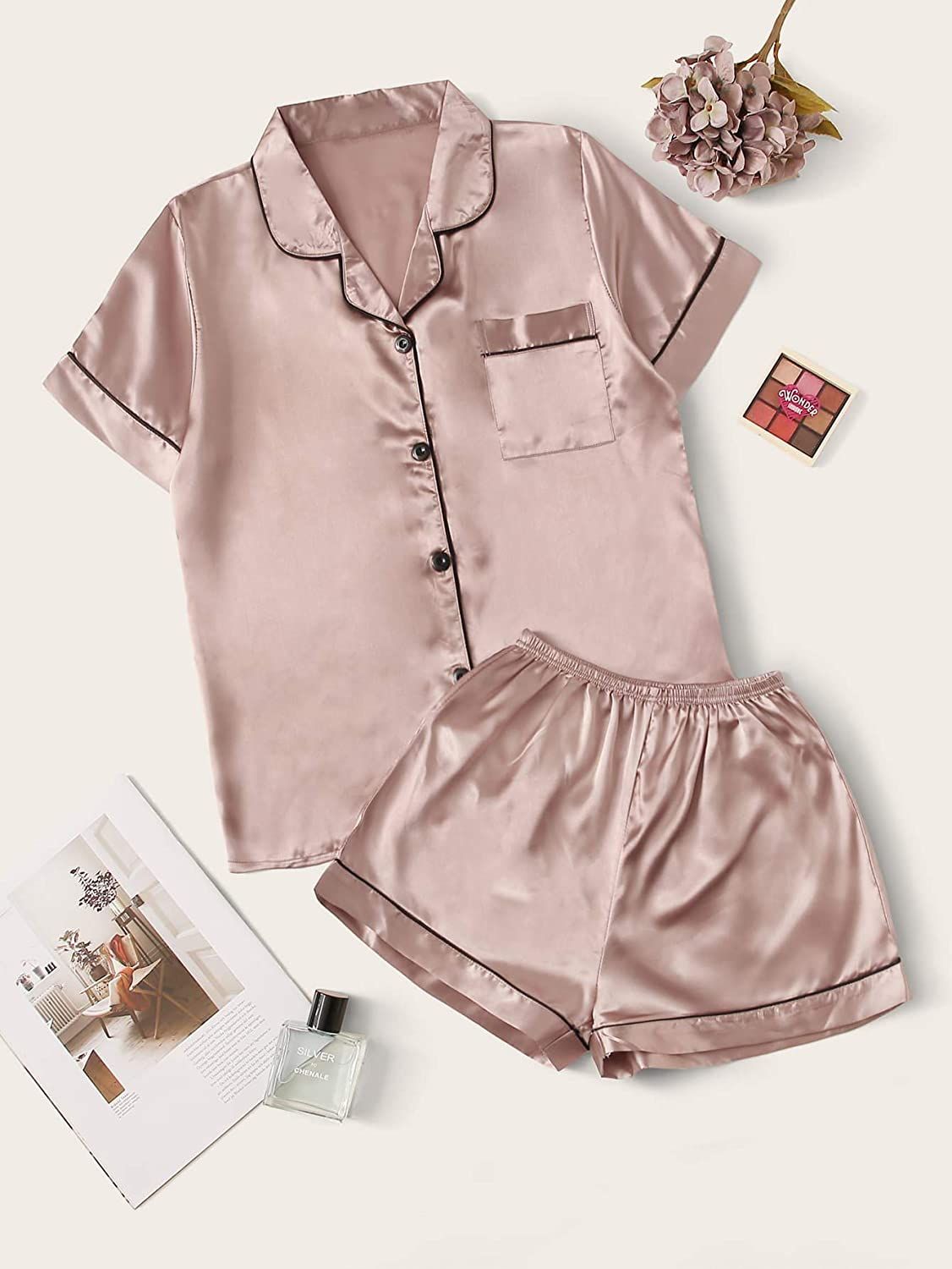 MakeMeChic Women's Satin Sleepwear Button Front Short Sleeve 2 Piece Pajama Set | Amazon (US)