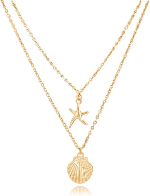 Tgirls Boho Layered Starfish Necklace Seashell Pendant Necklaces Chain for Women | Amazon (US)