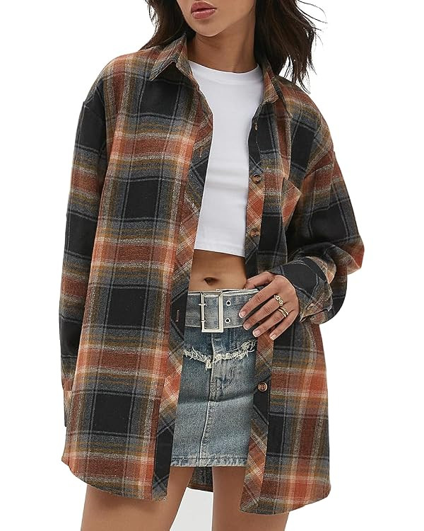 CHYRII Womens Button Down Flannel Shirts Long Sleeve Plaid Shackets Business Casual Blouse Top | Amazon (US)