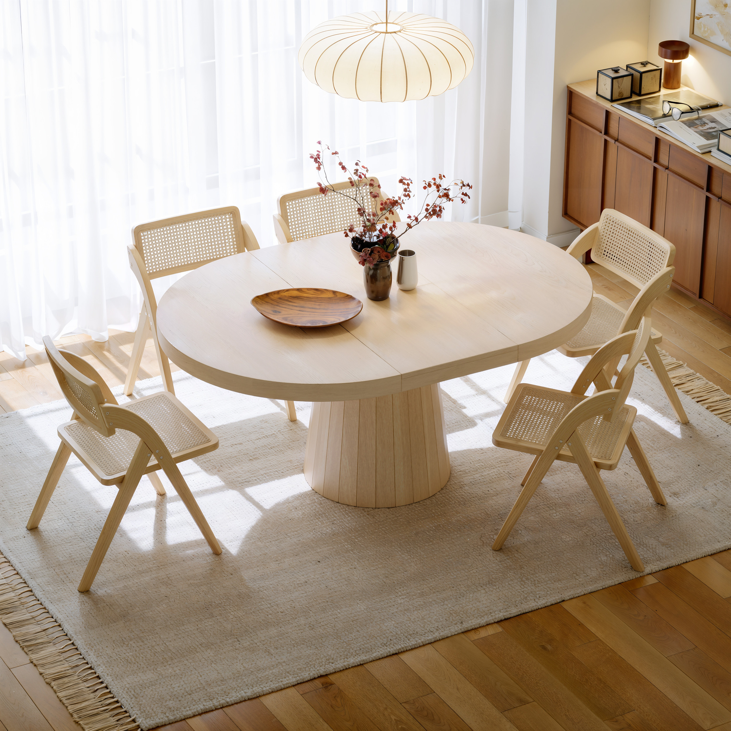 39""-55"" Oval & Round Dining Table Extendable Solid Wood for 6 Japandi Whitewash Kitchen Table | Homary