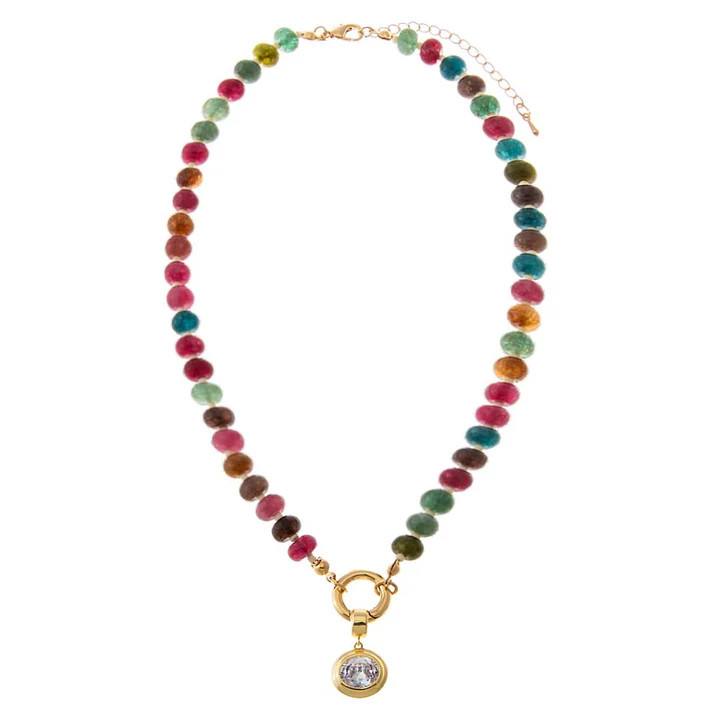 Colored Natural Stone Beaded /CZ Oval Bezel Charm Necklace | Adina Eden