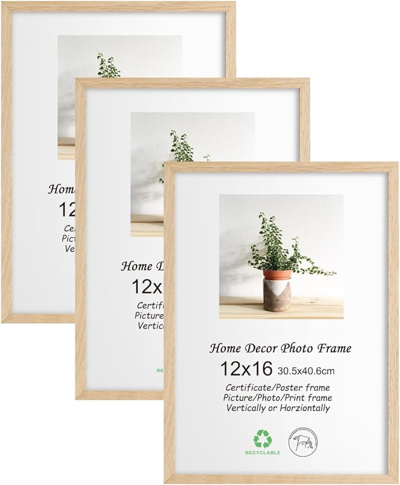 12x16 OAK Wood Picture Frame 3 Pack Wooden Photo Frame Natural Wood Color Frame with glass for Wa... | Amazon (US)