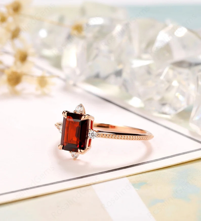 6x8mm Emerald Cut Natural Red Garnet Engagement Ring, Sterling Silver Wedding Ring, Red Stone Rin... | Etsy (US)