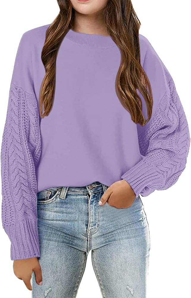 Haloumoning Girl's Crew Neck Sweaters Kids Long Sleeve Drop Shoulder Pullover Cable Knit Chunky C... | Amazon (US)