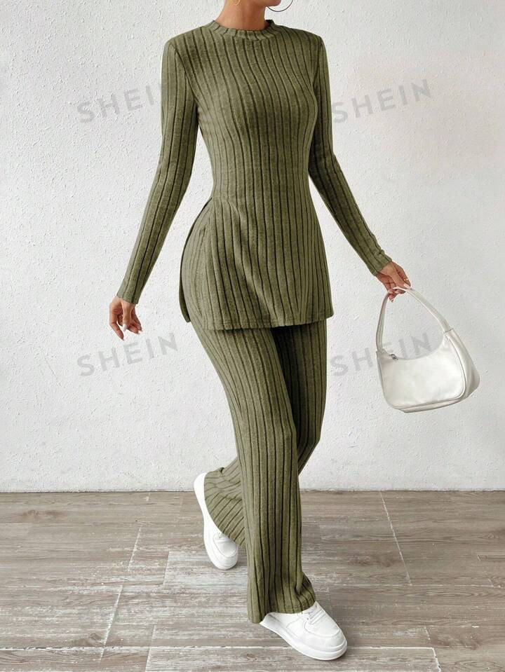 SHEIN Essnce Plain Ribbed Knit Tshirt And Wide Leg Pants Two Piece Suit | SHEIN USA | SHEIN