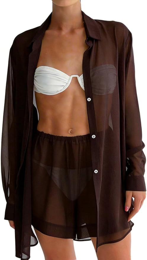 Gihuo 2 Piece Womens Swimsuit Bikini Coverup Summer Beach Outfits Sheer Button Up Blouse Mesh Lou... | Amazon (US)