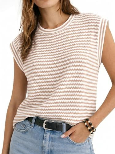 Women’s Striped Knit Sweater Top, Cap Sleeve Crewneck Summer Sweater Shirt, Lightweight Pullove... | Amazon (CA)