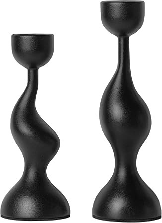 Modern Sculptural Black Candle Stick Holders Cast-Aluminum Taper Set of 2 (7″ & 8″) Dual-Heig... | Amazon (US)