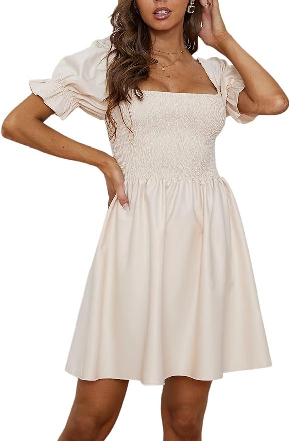 LYANER Women's Square Neck Shirred Ruffle Hem Short Sleeve Mini Short Dress | Amazon (US)