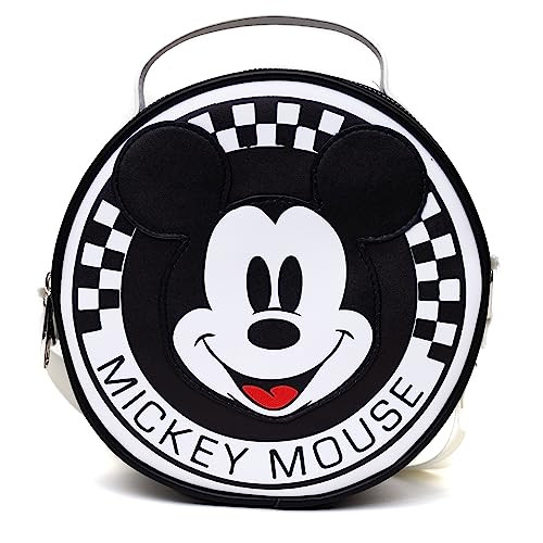 Disney Bag, Cross Body, Round, Mickey Mouse Smiling Face Applique Checker White Black, Vegan Leather | Amazon (US)