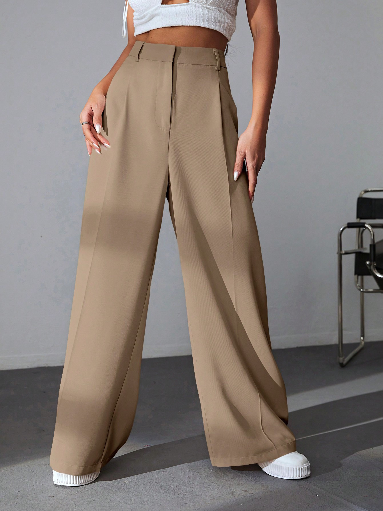 SHEIN EZwear Solid Wide Leg Khaki Pants | SHEIN
