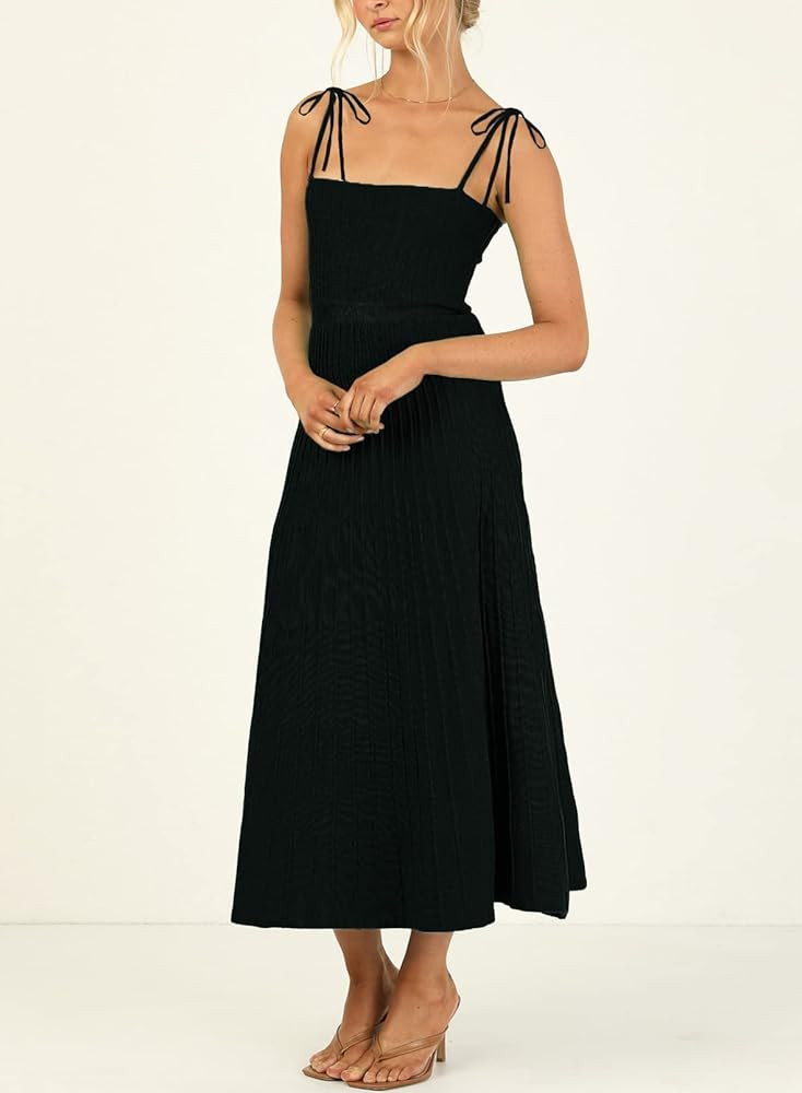 ARTFREE Womens Ribbed Knit Summer Maxi Dresses Tie Straps Square Neck Party Long Dress | Amazon (US)