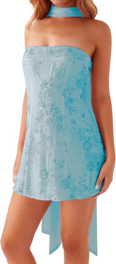Women Sparkly Sequin Mini Dress with Scarf Y2k Beaded Rhinestone Strapless Short Dresses Glitter ... | Amazon (US)