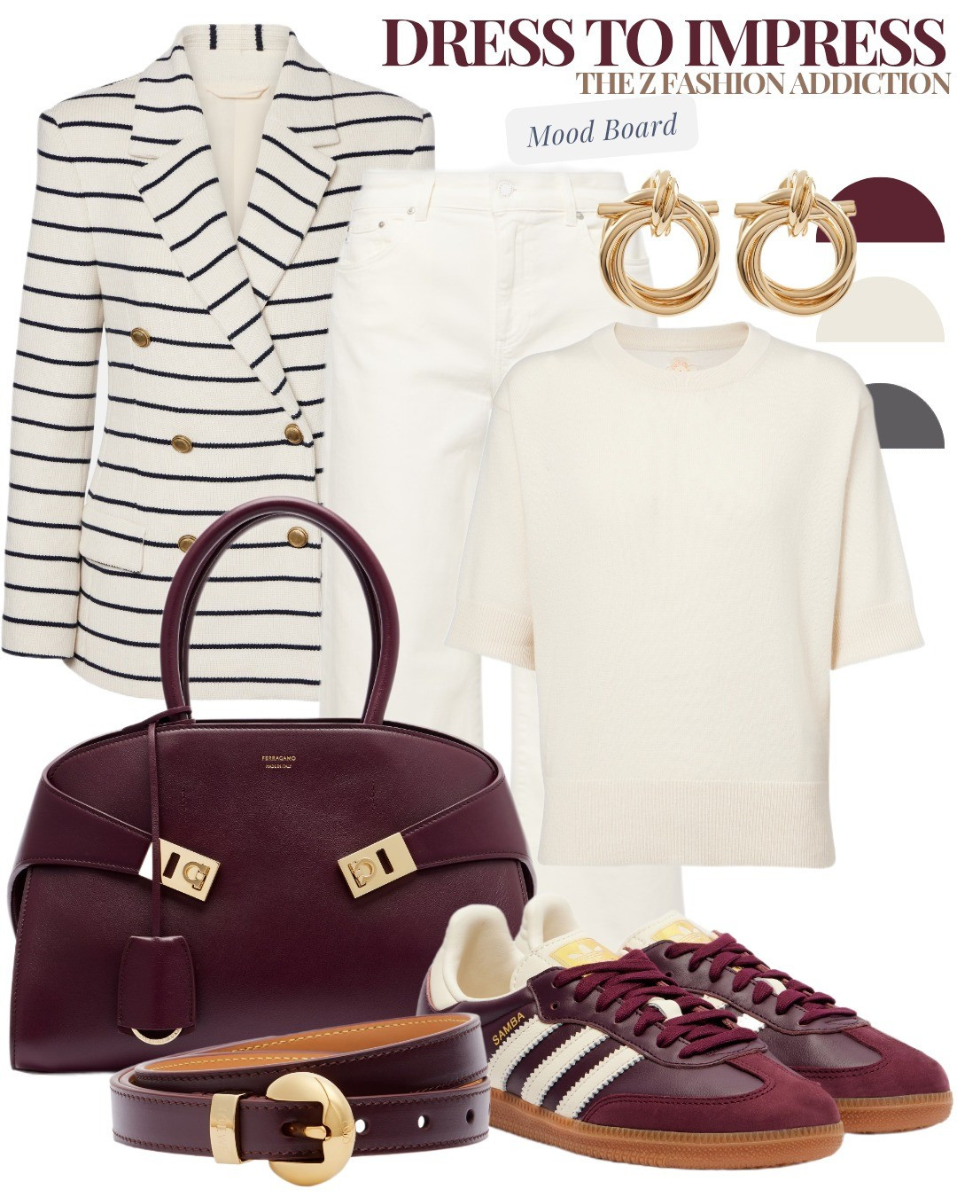 When wearing monochromatic whites/creams, use your accessories to create a "visual anchor." The dark cherry tones here ground the light fabrics, making the outfit feel intentional and expensive.​"Fashion is what you buy, style is what you do with it."We’re letting the accessories do the heavy lifting. The Ferragamo Hug Bag in burgundy paired with matching Adidas Sambas proves that luxury and comfort are the ultimate power couple.

#LTKstyletip #LTKbag #LTKworkwear