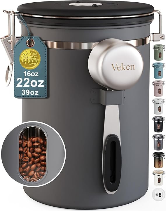 Veken Coffee Canister with Window,Airtight Stainless Steel Kitchen Food Storage Container, Date T... | Amazon (US)