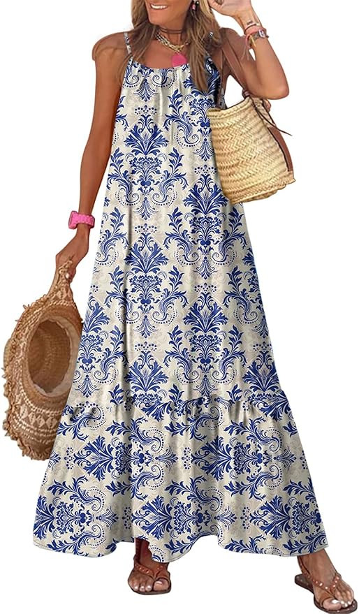 Dokotoo Women Summer Dresses 2026 Spaghetti Strap Scoop Neck Smocked Ruffle Flowy Boho Maxi Dress | Amazon (US)