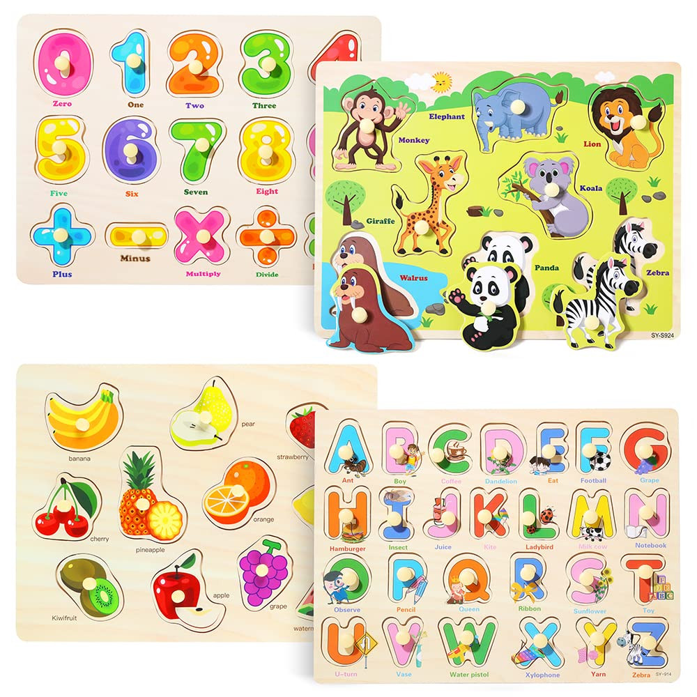 GRINNNIE Wooden Peg Puzzle for Toddlers 3 4 5 Years Old, 4 PCS Montessori Educational Learning Pu... | Amazon (US)