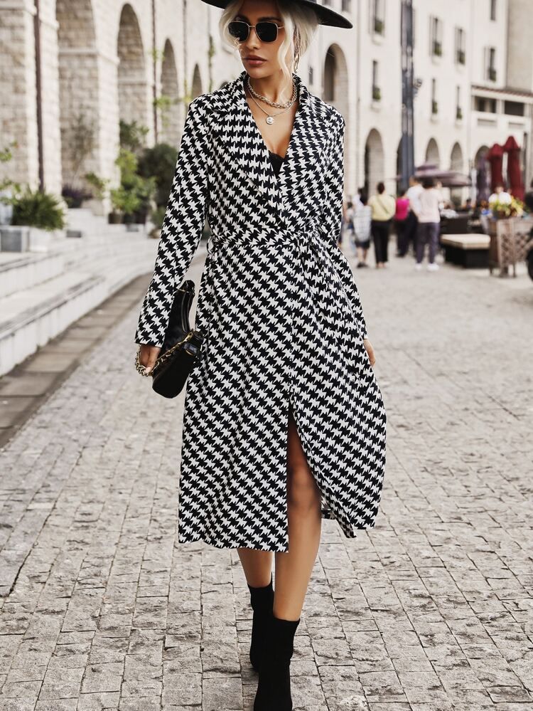 Houndstooth Lapel Collar Belted Coat | SHEIN