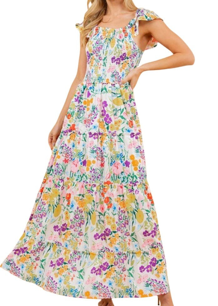 Bright floral flutter sleeve maxi dress | Mulberry & King