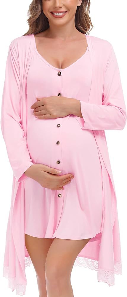 Womens Maternity Nursing Nightgown and Lace Robe Set 3 in 1 Labor Delivery Button Down Nursing Dr... | Amazon (US)