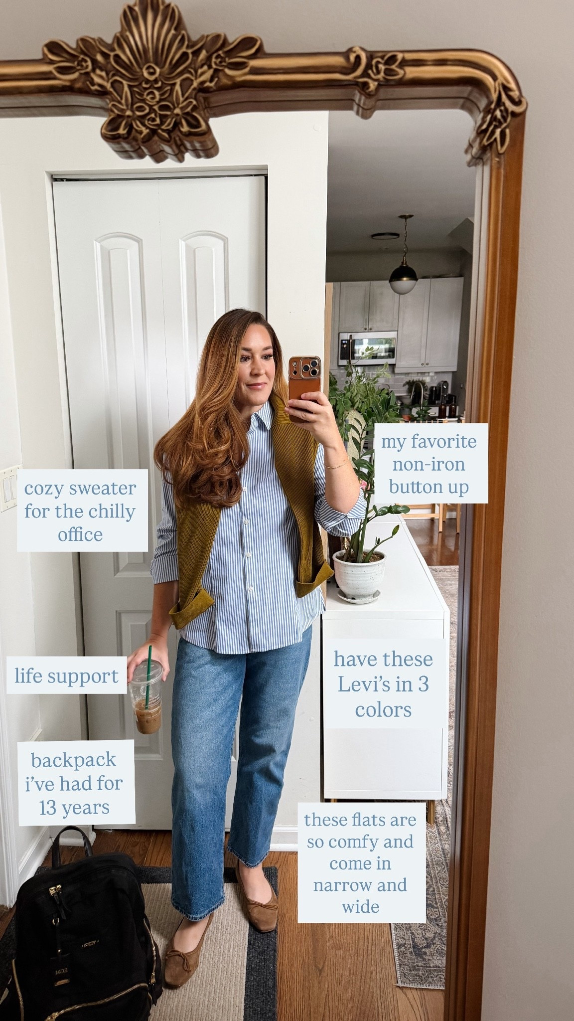 Casual day at the office 

Green sailor sweater- large
Straight leg jeans- 31/27 dance around 
Non-iron button up- 12
Suede flats come in narrow and wide
Work backpack

#LTKTravel #LTKWorkwear #LTKMidsize