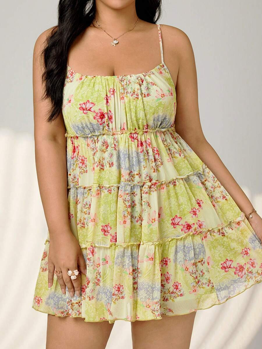 SHEIN ICON Plus Size Paisley Print Spaghetti Strap Mesh A-Line Dress, Bowknot Shoulder Tie, Suita... | SHEIN