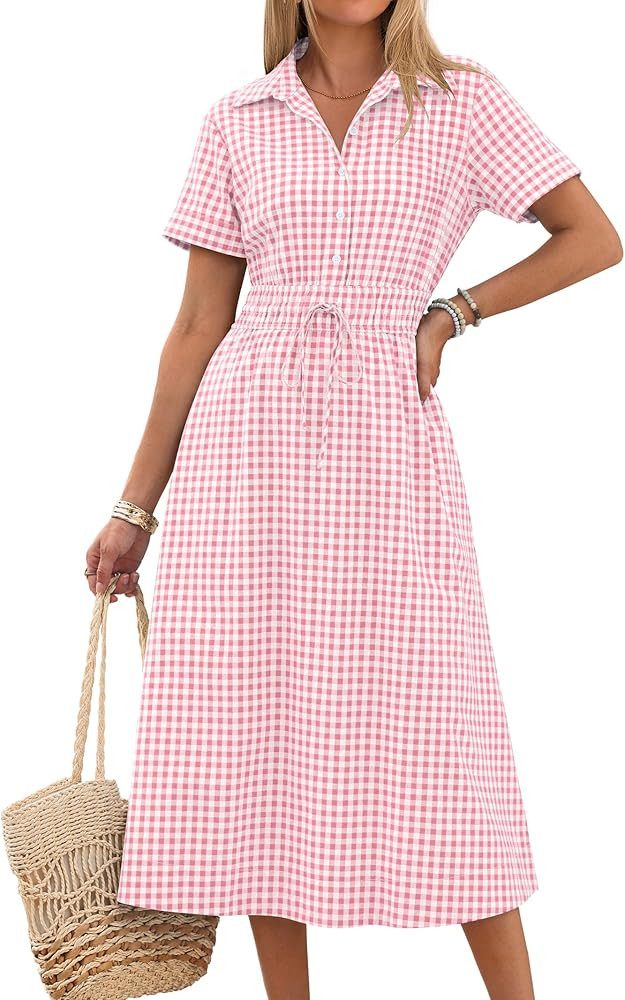 ANRABESS Womens Summer Midi Dress Short Sleeve Striped Plaid Button Collar Shirt Dresses 2026 Cas... | Amazon (US)