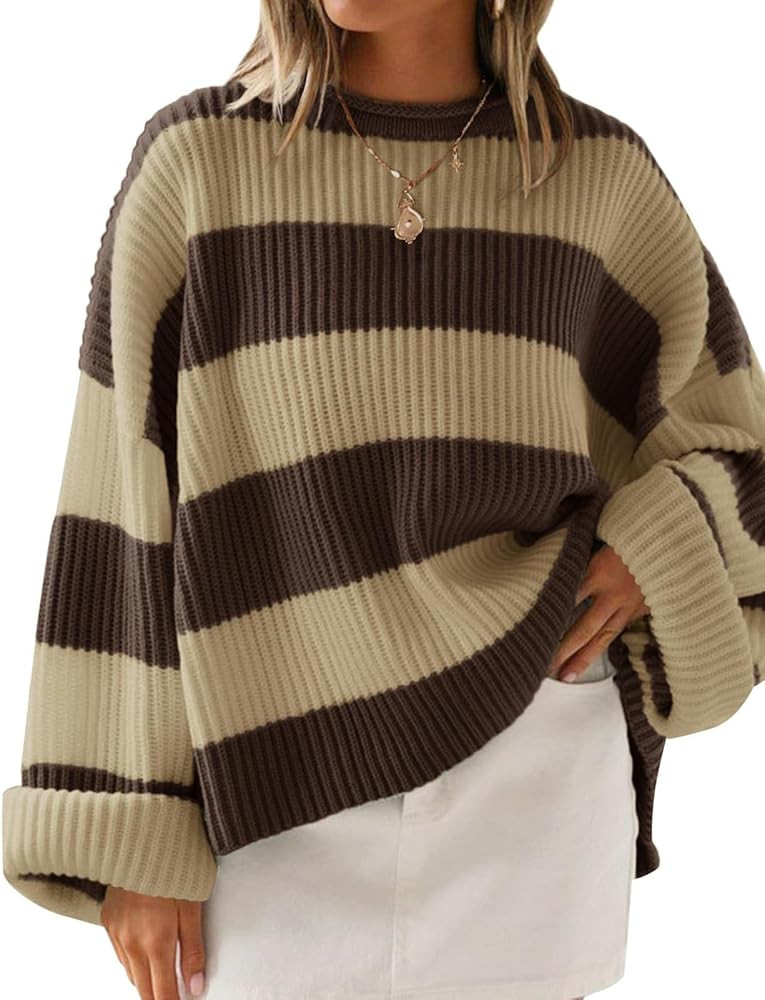 ZESICA Women's 2025 Fall Long Sleeve Oversized Striped Color Block Comfy Loose Crew Neck Knitted ... | Amazon (US)