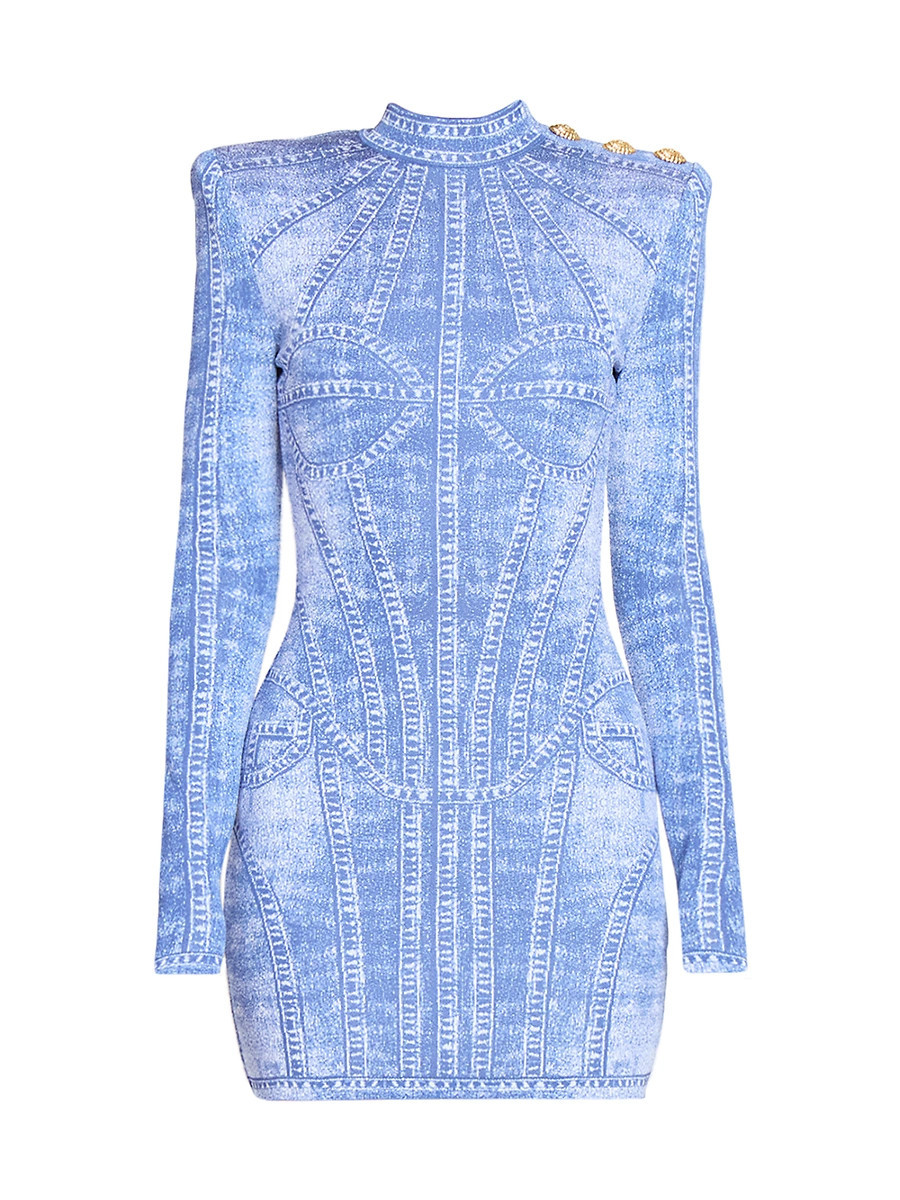 Women's Denim Trompe L'oeil Long-Sleeve Body-Con Minidress - Bleu Jean - Size 6 | Saks Fifth Avenue