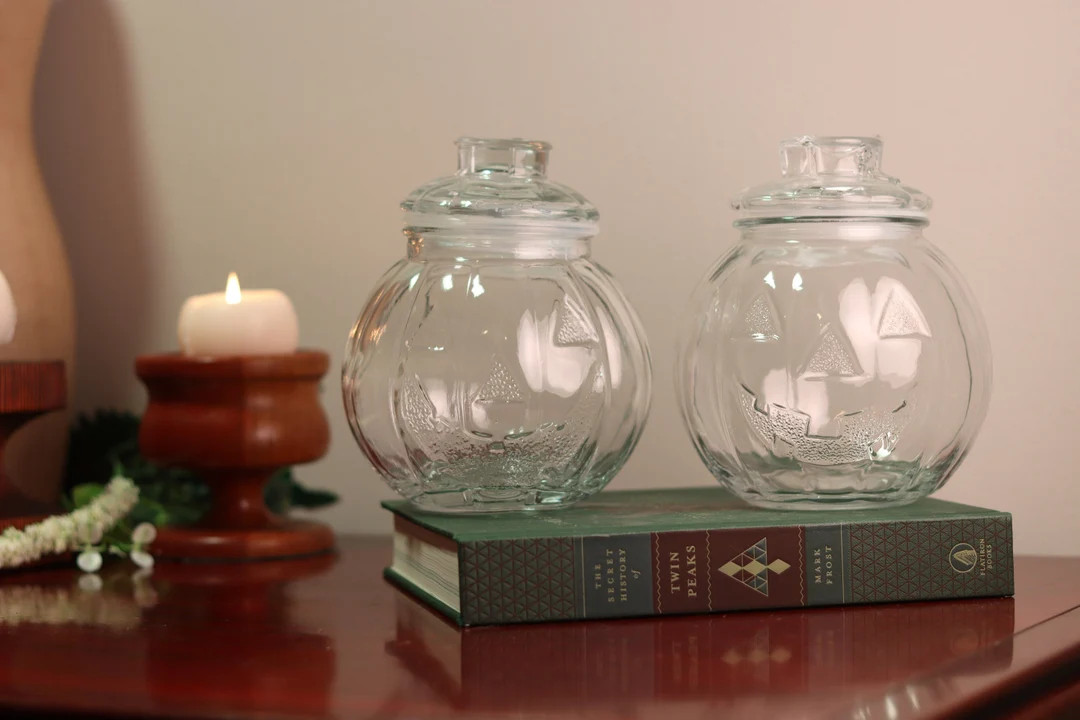 Set of 2 Vintage Libbey Glass Halloween Jack O'lantern Candy/Cookie Jar Glass Canister with Seale... | Etsy (US)