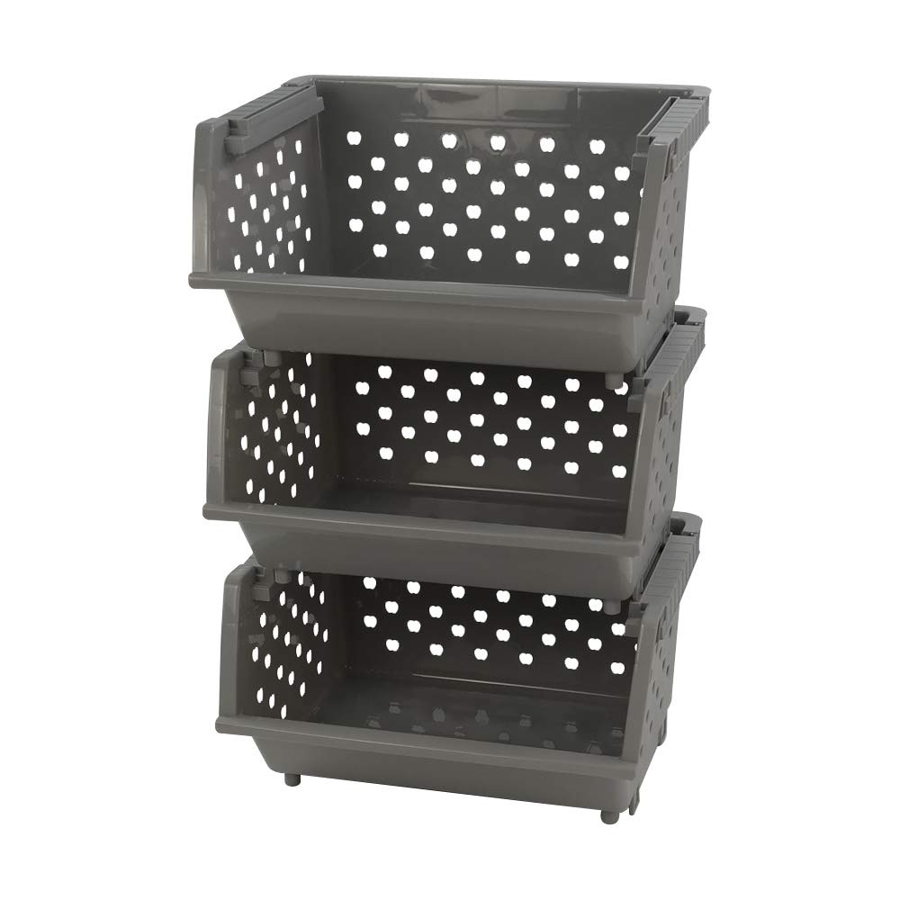 3 Pack Plastic Stacking Organizer Basket, Open Front Large Stackable Storage Bins, Gray | Amazon (US)