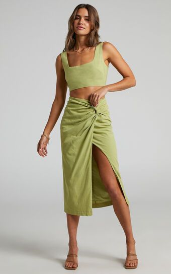 Gibson Two Piece Set - Crop Top and Knot Front Midi Skirt Set in Celery | Showpo (US, UK & Europe)
