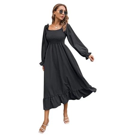 Womens Smocked Ruffled Vintage Square Neck Long Puff Sleeve A-Line Maxi Dress | Walmart (US)