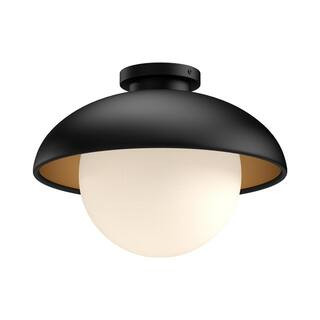 Rubio 11 in. 1 Light 60-Watt Matte Black/Opal Matte Glass Flush Mount | The Home Depot