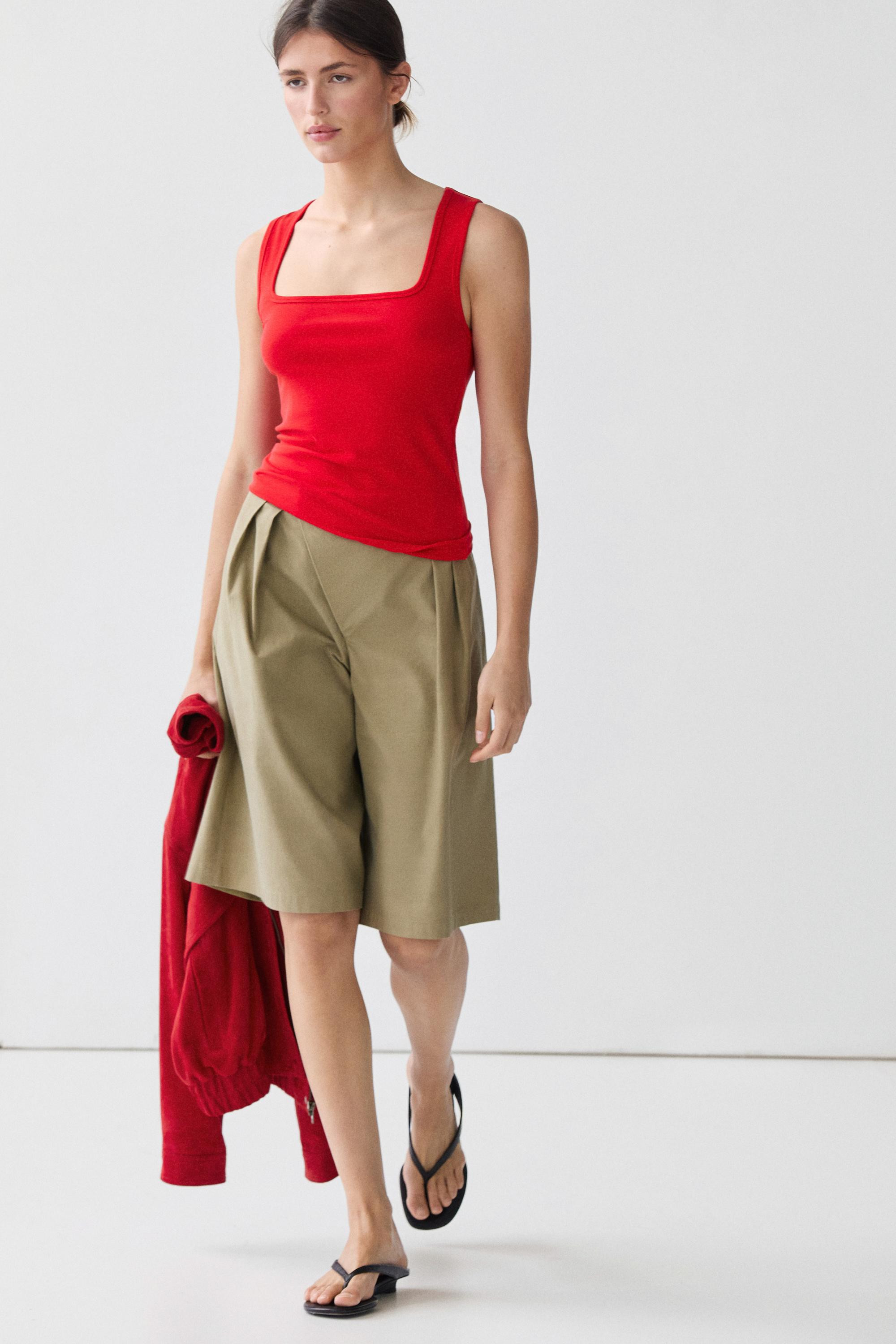 Cotton blend square neck top | Massimo Dutti UK