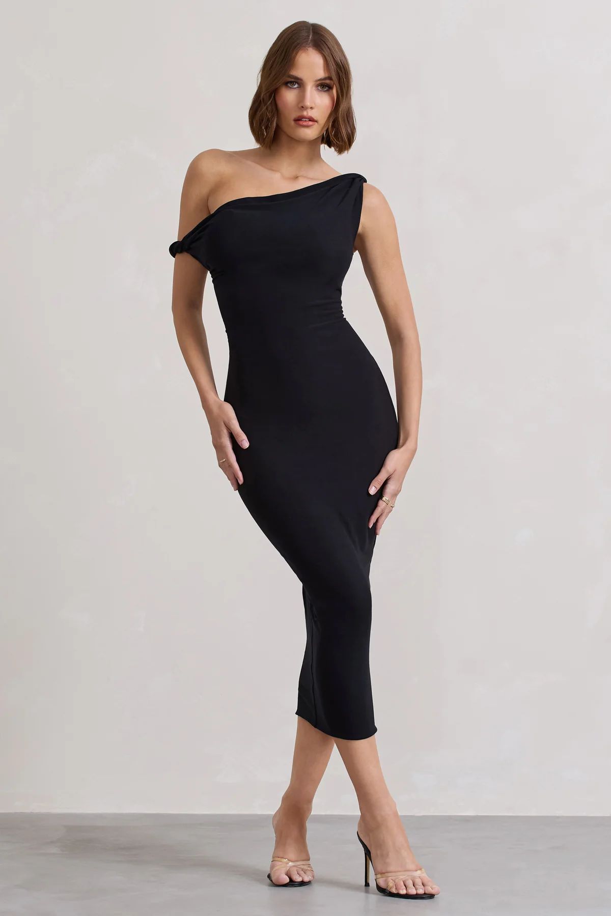 Salome | Black Twisted Asymmetric Midi Dress | Club L London
