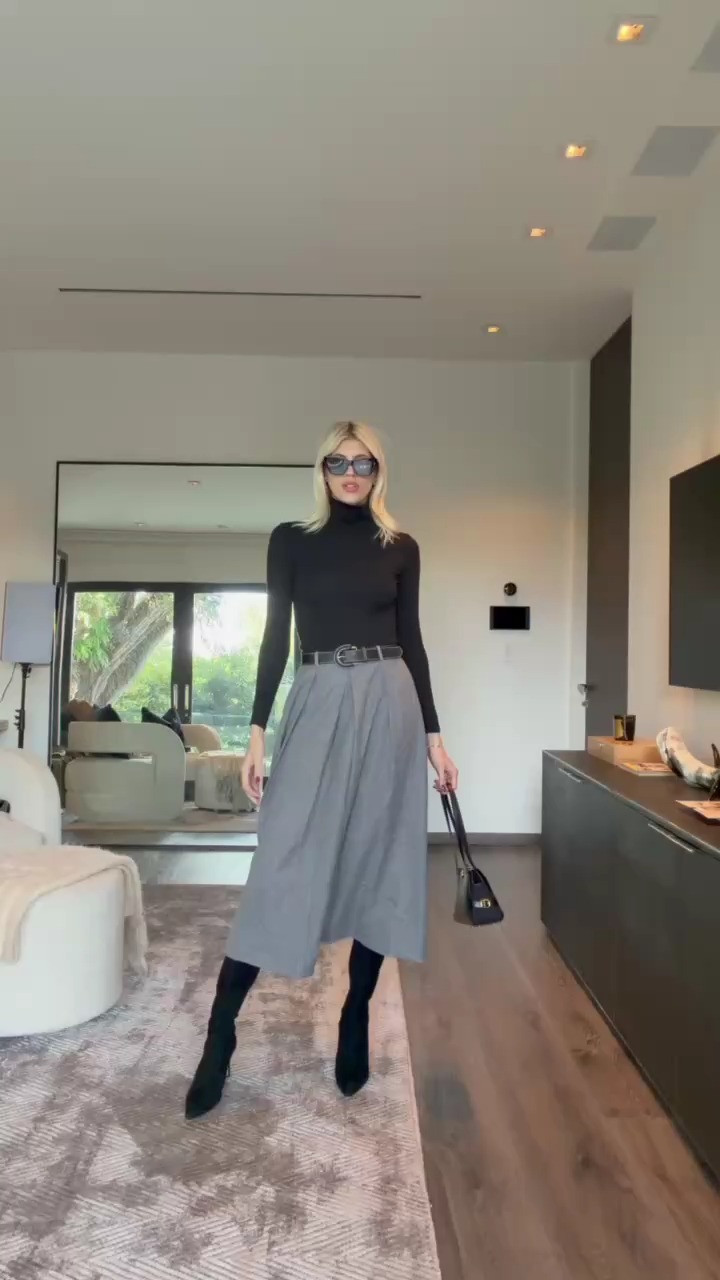 This midi grey skirt is so chic, love that it comes with a belt! ✨🖤 Very elevated look that is super comfortable. 

 #LTKSeasonal #LTKStyleTip #LTKShoeCrush