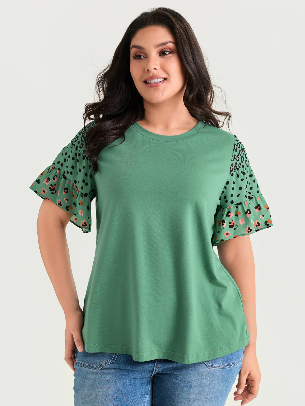 Supersoft Round Neck Color Block Floral Sleeve T-Shirt | Bloomchic