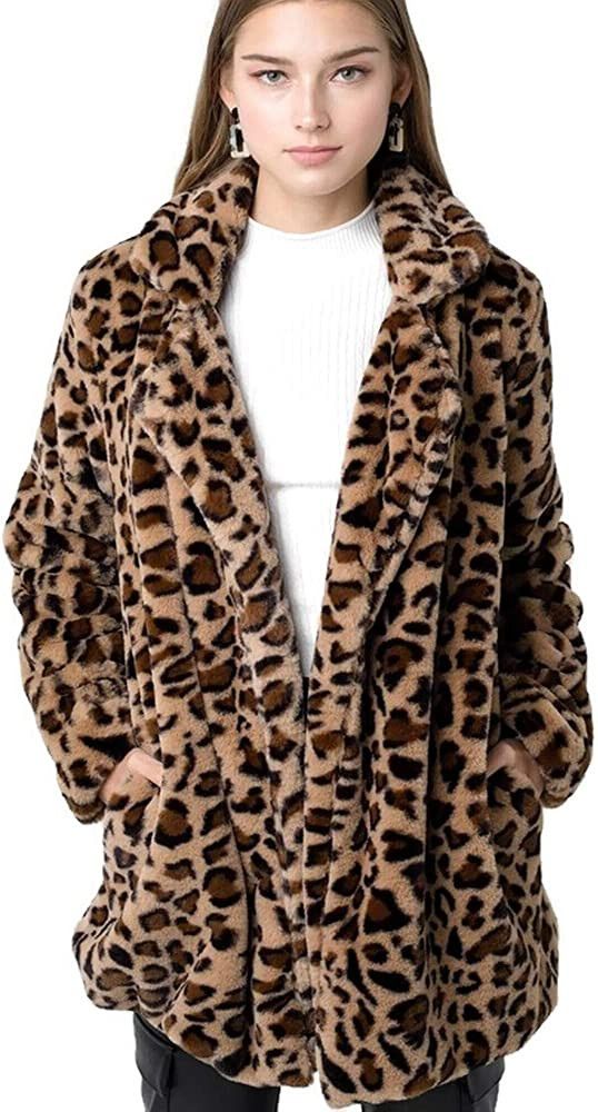 Mirabell Women's Long Sleeve Leopard Print Faux Fur Coat | Amazon (US)