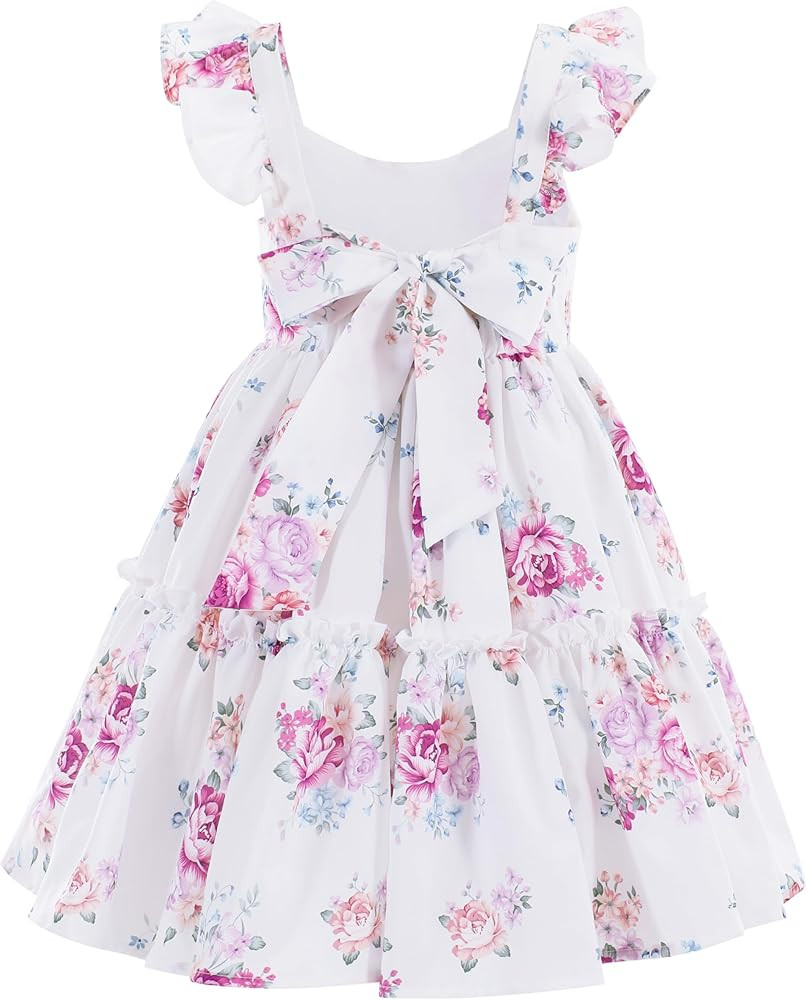 Flofallzique Floral Girls' Dress Summer Ruffle Sleeve Tie Back Casual Boho Sundress for Birtrhday... | Amazon (US)