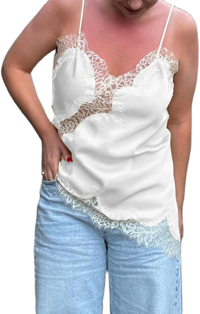 Women Satin Lace Cami Tops Y2k Asymmetrical Camisole Sexy Spaghetti Strap Side Slit Tank Top Tren... | Amazon (US)