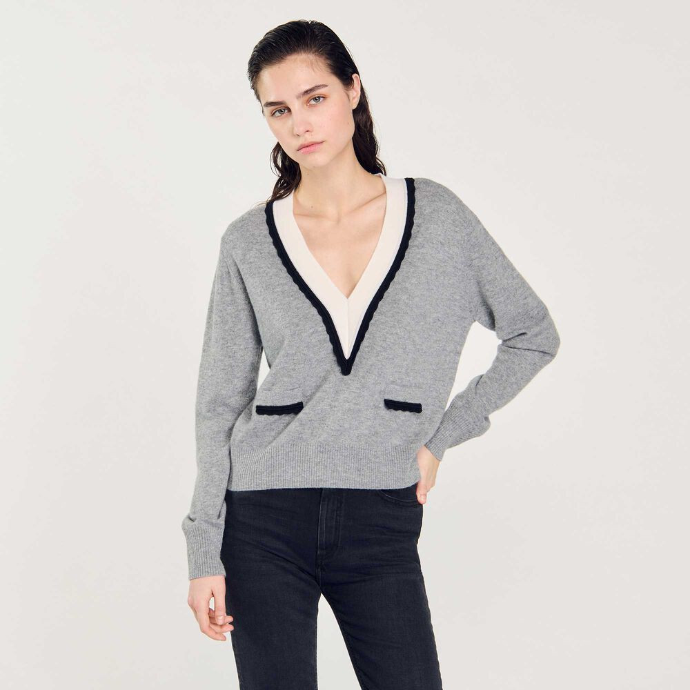 Sweater with contrasting deep V-neck | Sandro US | Sandro-Paris US