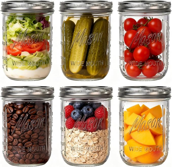 WELLIFE 6-Pack Mason Jars 16 oz with Lids – Wide Mouth Glass mason jars, Airtight Leak-Proof ca... | Amazon (US)