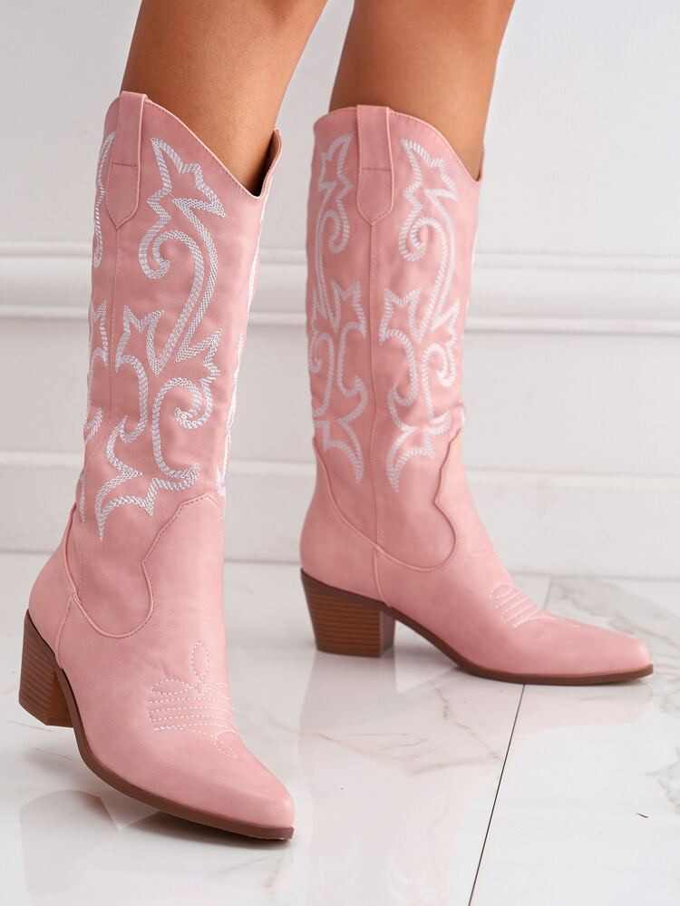 Scroll Embroidery Chunky Heeled Boots | SHEIN