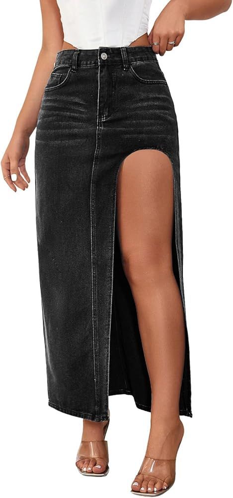 CHARTOU Women's Sexy High Split Slim Fit Maxi Long Pencil Denim Jean Skirt | Amazon (US)