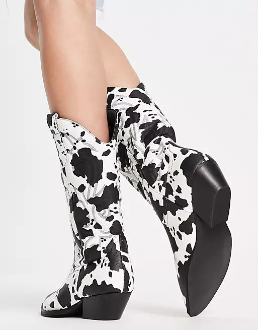 ASOS DESIGN Andi flat western boots in cow print | ASOS (Global)