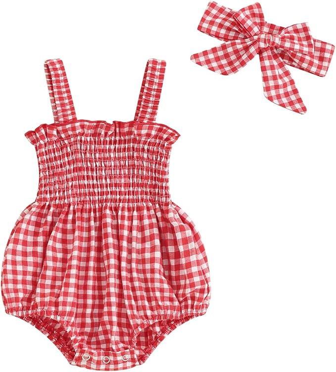 Newborn Baby Girl Romper Summer Sleeveless Smocked Cotton Linen Clothes Outfit with Headband | Amazon (US)